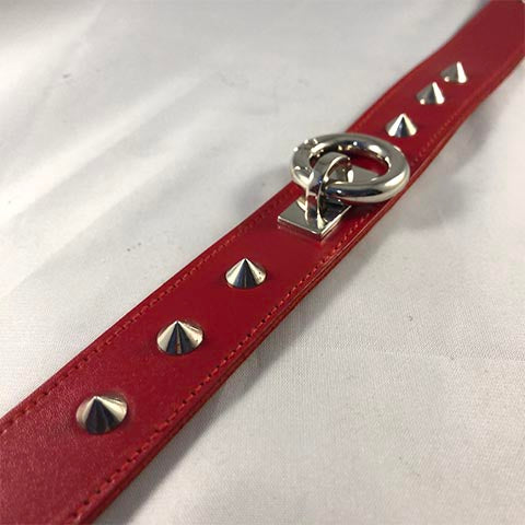 The studs and o-ring of red rouge leather collar.
