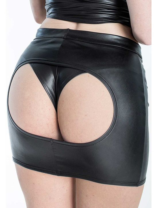 Wetlook Mini Spanking Skirt for Full Hips, rear view.