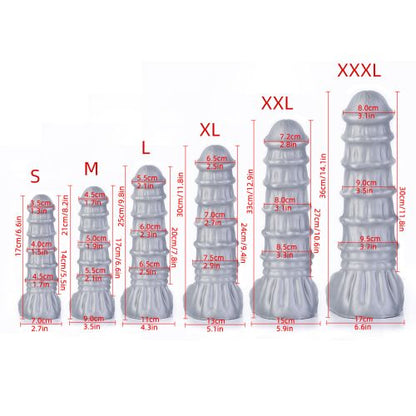 A size chart comparing all of the sizes of the Mr Ripley Liquid Silicone Dildo.