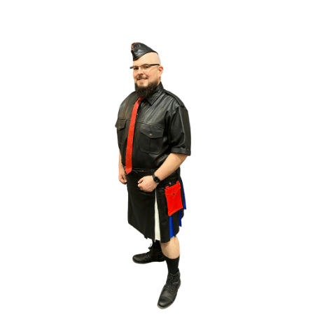 Model wearing leather pride flag heritage kilt with red leather detachable pocket.