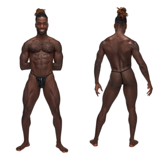 A composite of two photos; A model wearing the Liquid Posing Pouch, front and rear view.