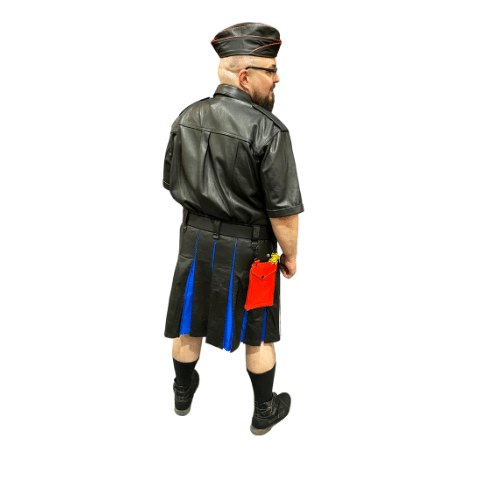 Back of model wearing leather pride flag heritage kilt, with red leather detachable pocket on right side.