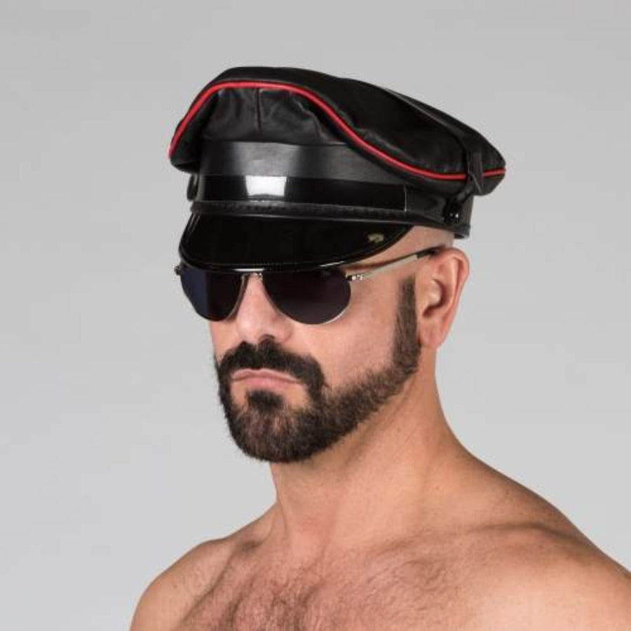 Front view of black/red prowler leather military cap.