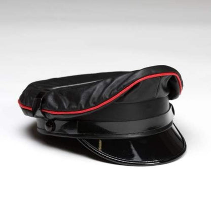 Right side view of black/red prowler leather military cap.