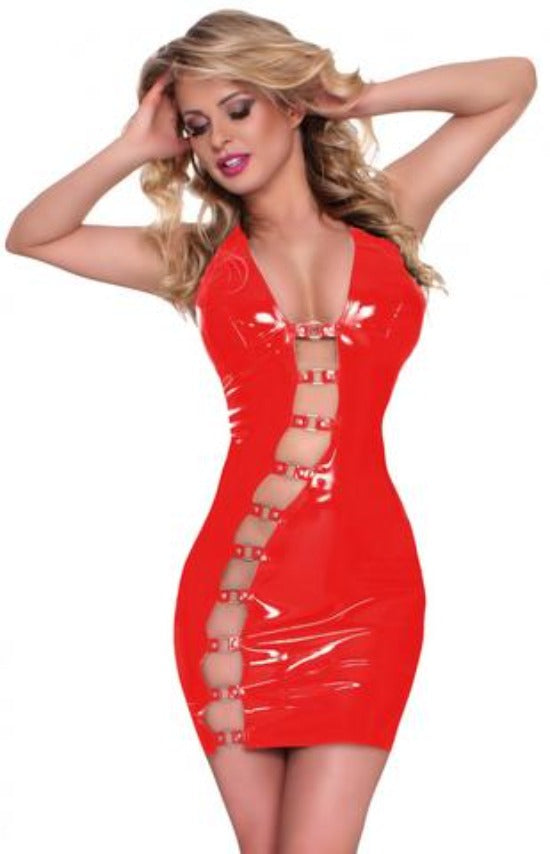Red Datex Cascade Buckle Dress on Model, front view.