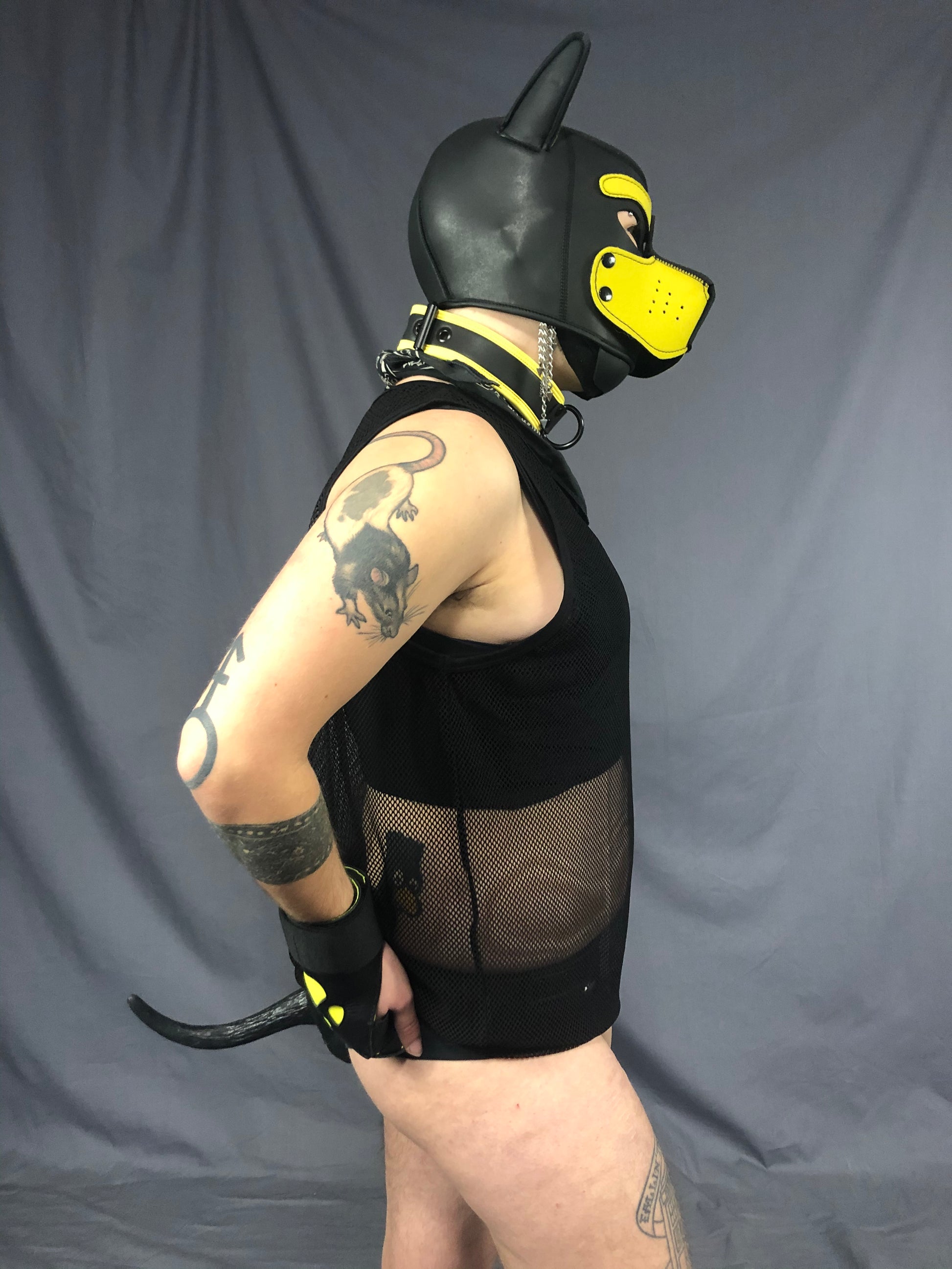 right side view of silicone strap on puppy tail being worn