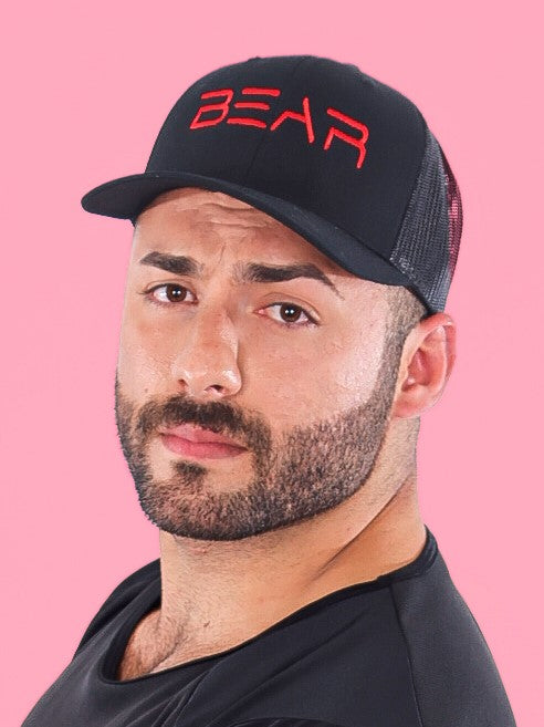 The black Bear Cap with red letters and K-Ear Snaps.