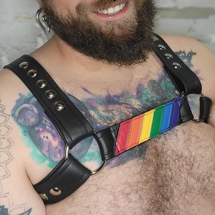 A closeup of the Philly Rainbow Pride Flag Harness Center Strap.