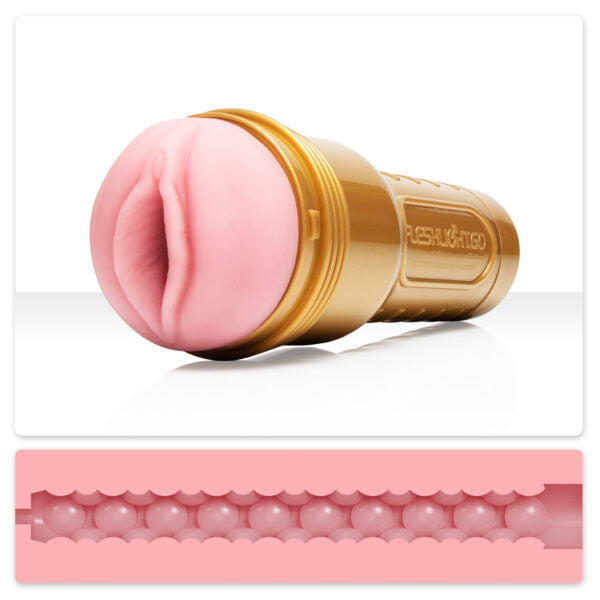 The Vagina Stamina Training Unit Fleshlight Go above a crosscut view of the insides.