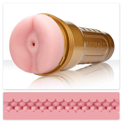 The Butt STU Fleshlight Classic lying on a white surface above an image of a cross section view of the insides.