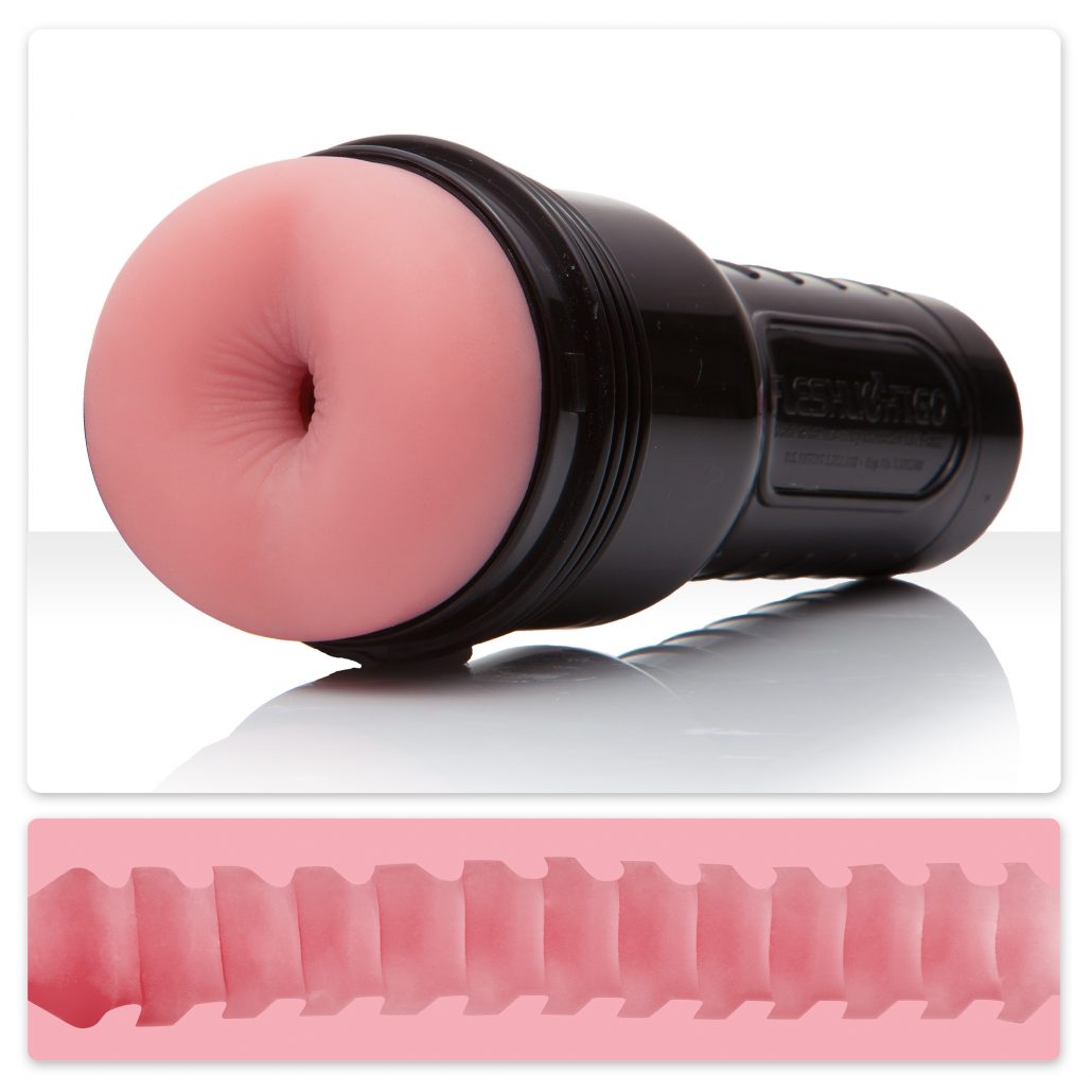 The Butt Jolt Fleshlight Go above a crosscut view of the insides.