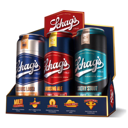 Three different Schag's Beer Can Strokers in a display resembling beer packaging.