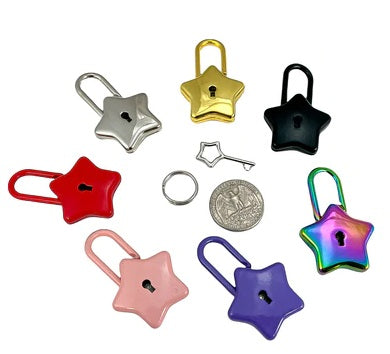 Six Star Locks of a variety of colors surround a quarter, a star shaped key and a small circular key ring for size comparison.