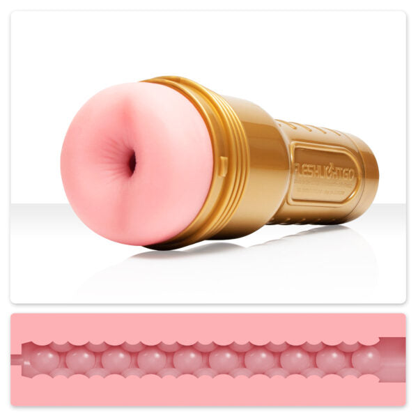 The Butt Stamina Training Unit Fleshlight Go above a crosscut view of the insides.