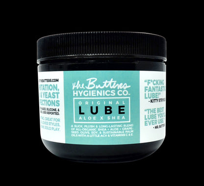 A jar of The Butters Original Lube with Aloe & Shea.