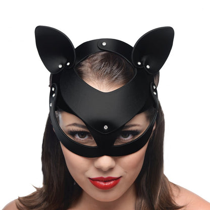Model wearing the Bad Kitten Leather Cat Mask.