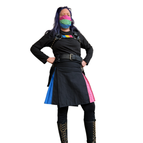 Model wearing Pansexual Pride Flag Heritage Kilt, with Let Your Flag Fly Leather Bulldog Harness, with Pansexual center strap.