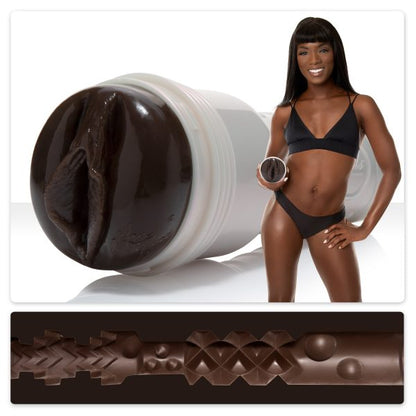A composite of three photos; Anna Foxxx holding the Silk Fleshlight Girls, a closeup of the opening and a cross section of the inside of the toy.
