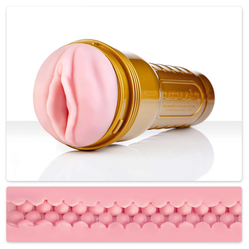 The Vagina STU Fleshlight Classic lying on a white surface above an image of a cross section view of the insides.