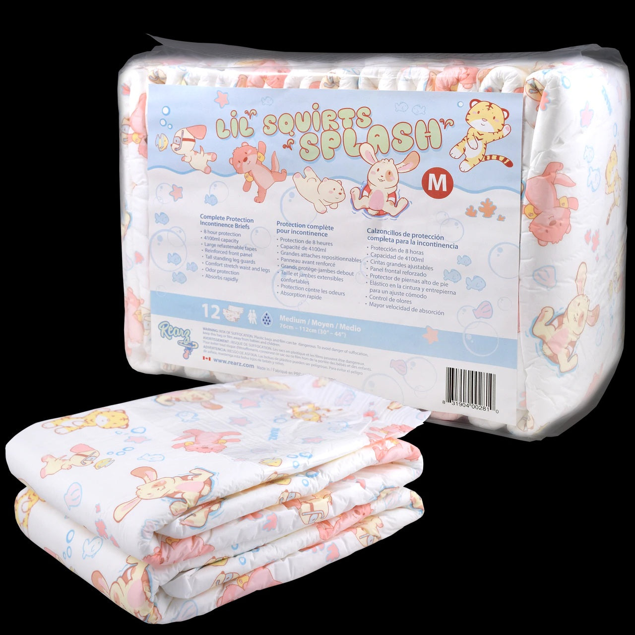 A package of Rearz Disposables Lil Squirts Splash Print Diapers.