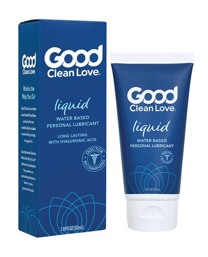 A bottle of Good Clean Love Liquid Lubricant next to its packaging.