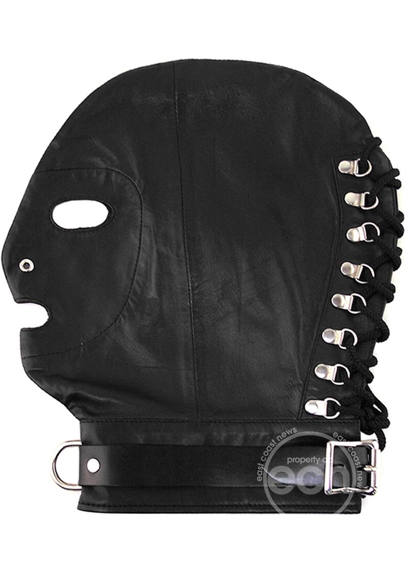 The side view of the black Rouge Leather Mask with D Ring and Lock Strap.