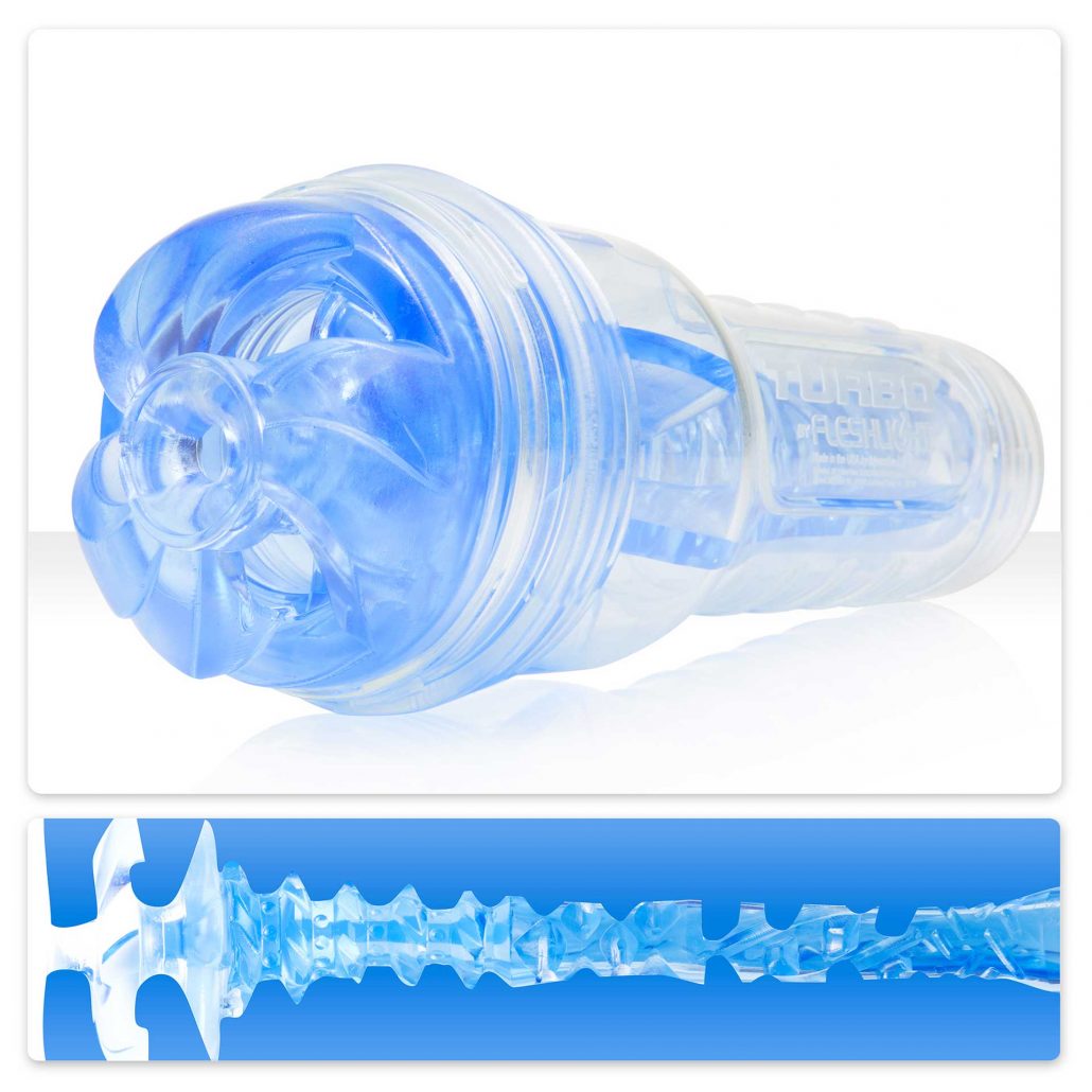 The Thrust Blue Ice Fleshlight Turbo along with a cross section that shows inside texture.