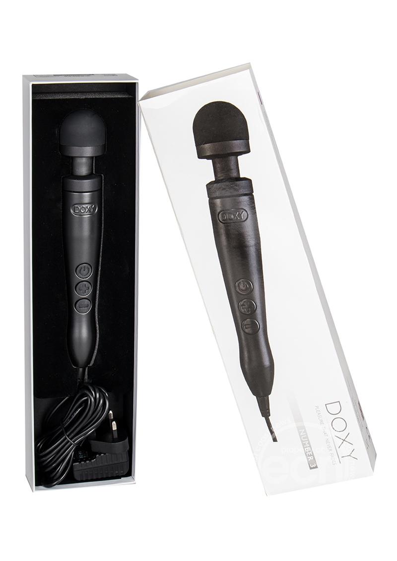 The black Doxy Number 3 CORDED Die Cast Wand Vibrator with it's packaging.