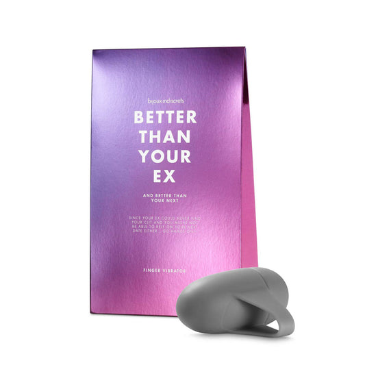 The Bijoux Indiscrets Clitherapy Better Than Your Ex Finger Vibe next to its packaging.