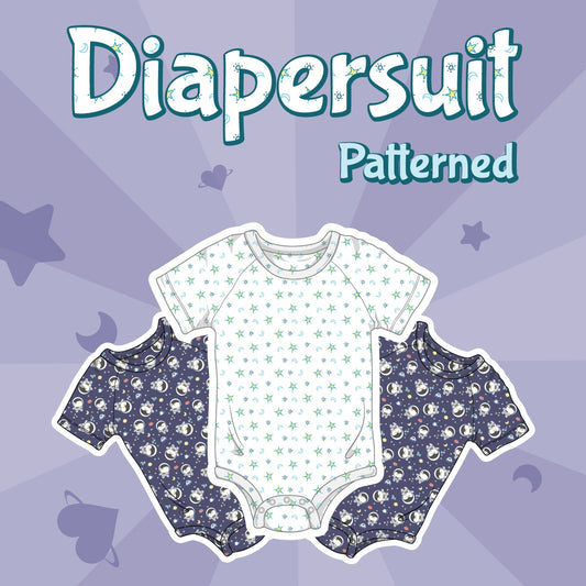 Digital image of diapersuits in space penguin and moon and star prints.