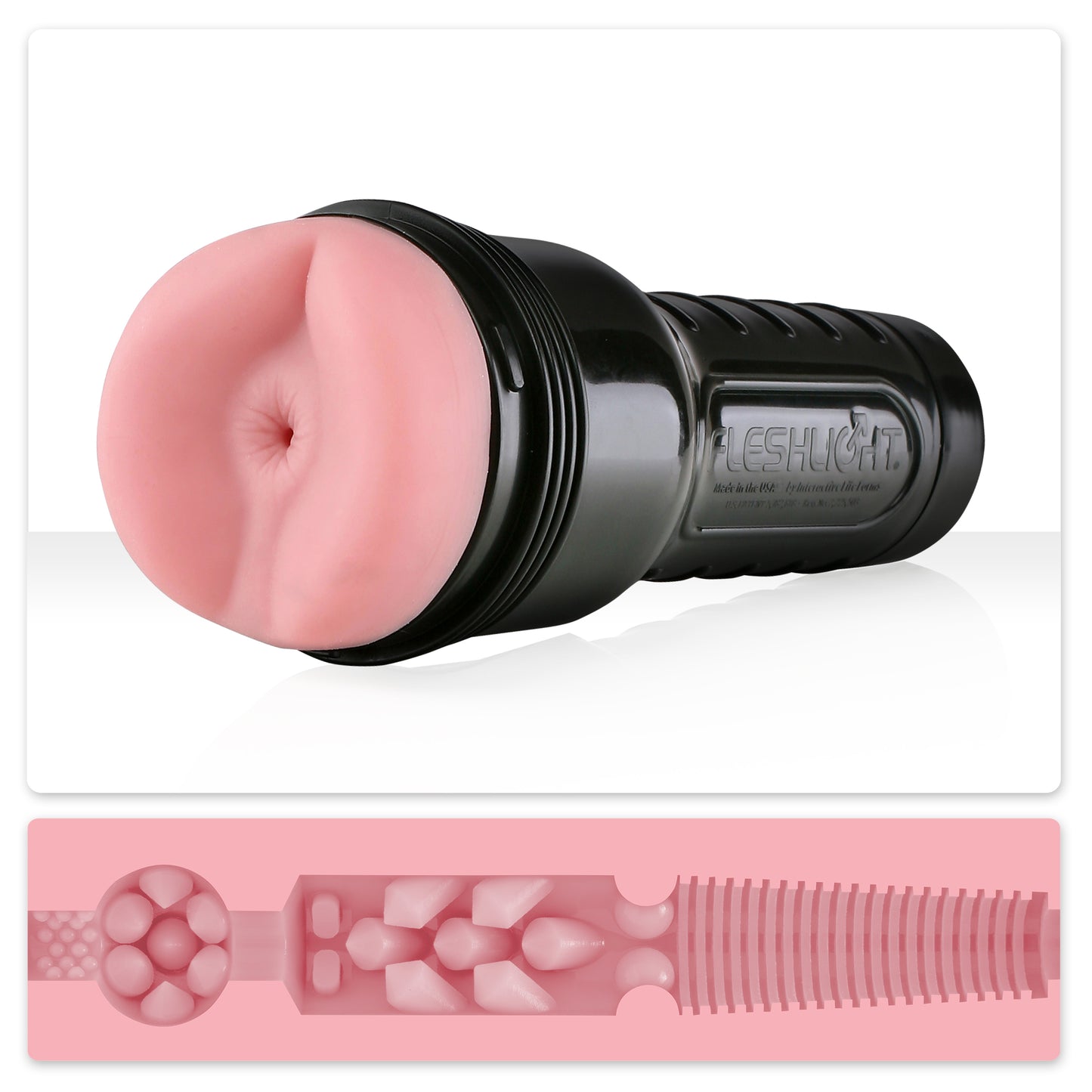 The Butt Destroya Fleshlight Classic lying on a white surface above an image of a cross section view of the insides.