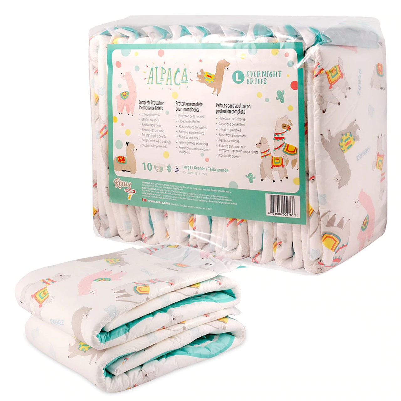 2 folded disposable alpaca diapers in front of a package of 10 alpaca diapers.