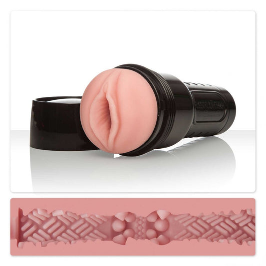 The Vagina Surge Fleshlight Go above a crosscut view of the insides.