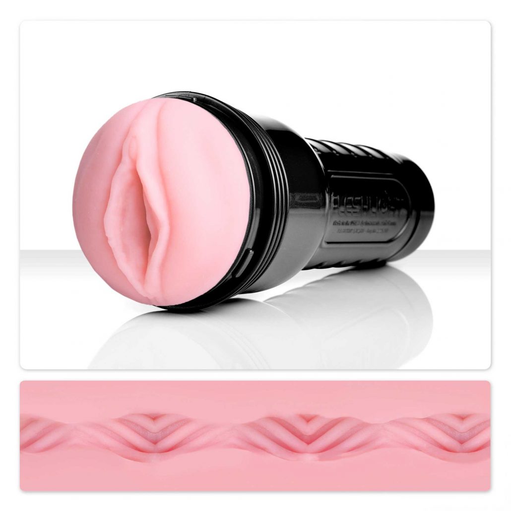 The Vagina Vortex Fleshlight Classic lying on a white surface above an image of a cross section view of the insides.