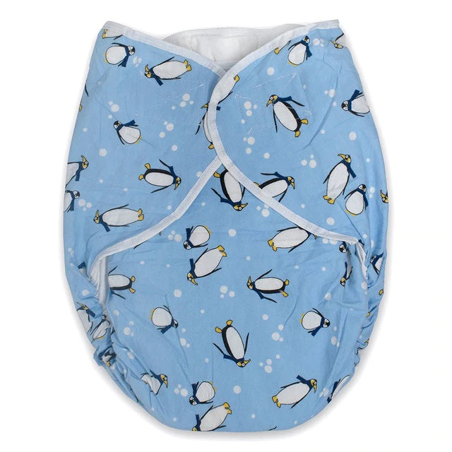 The blue penquin Bulky Fitted Nighttime Cloth Diaper.