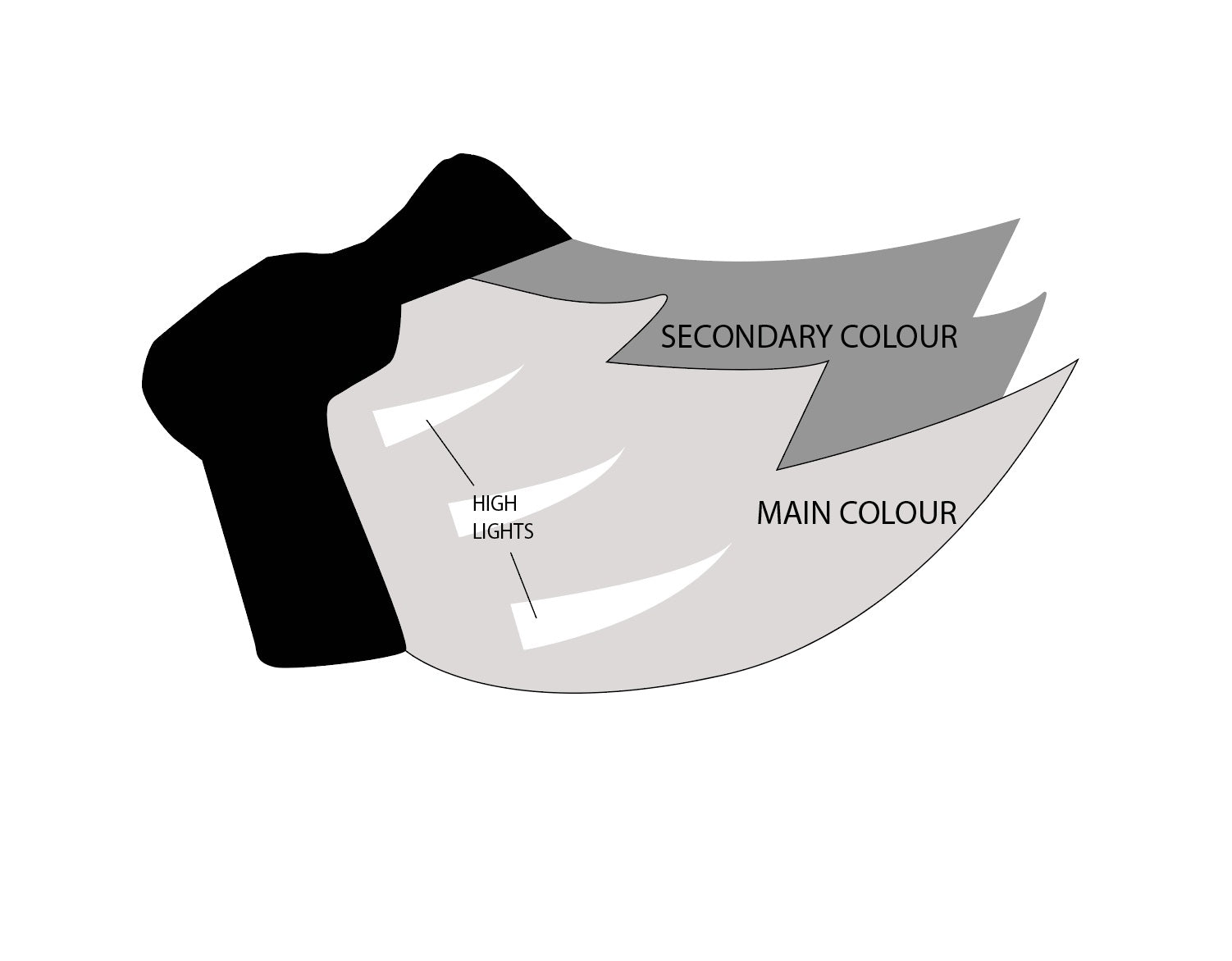 An illustration showing where the main and secondary colors, and where the highlight colors are on the Neoprene Snap-On K-Wolf Muzzle.