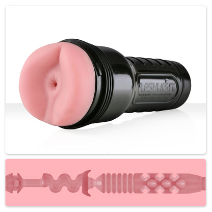 The Butt Heavenly Fleshlight Classic lying on a white surface above an image of a cross section view of the insides.