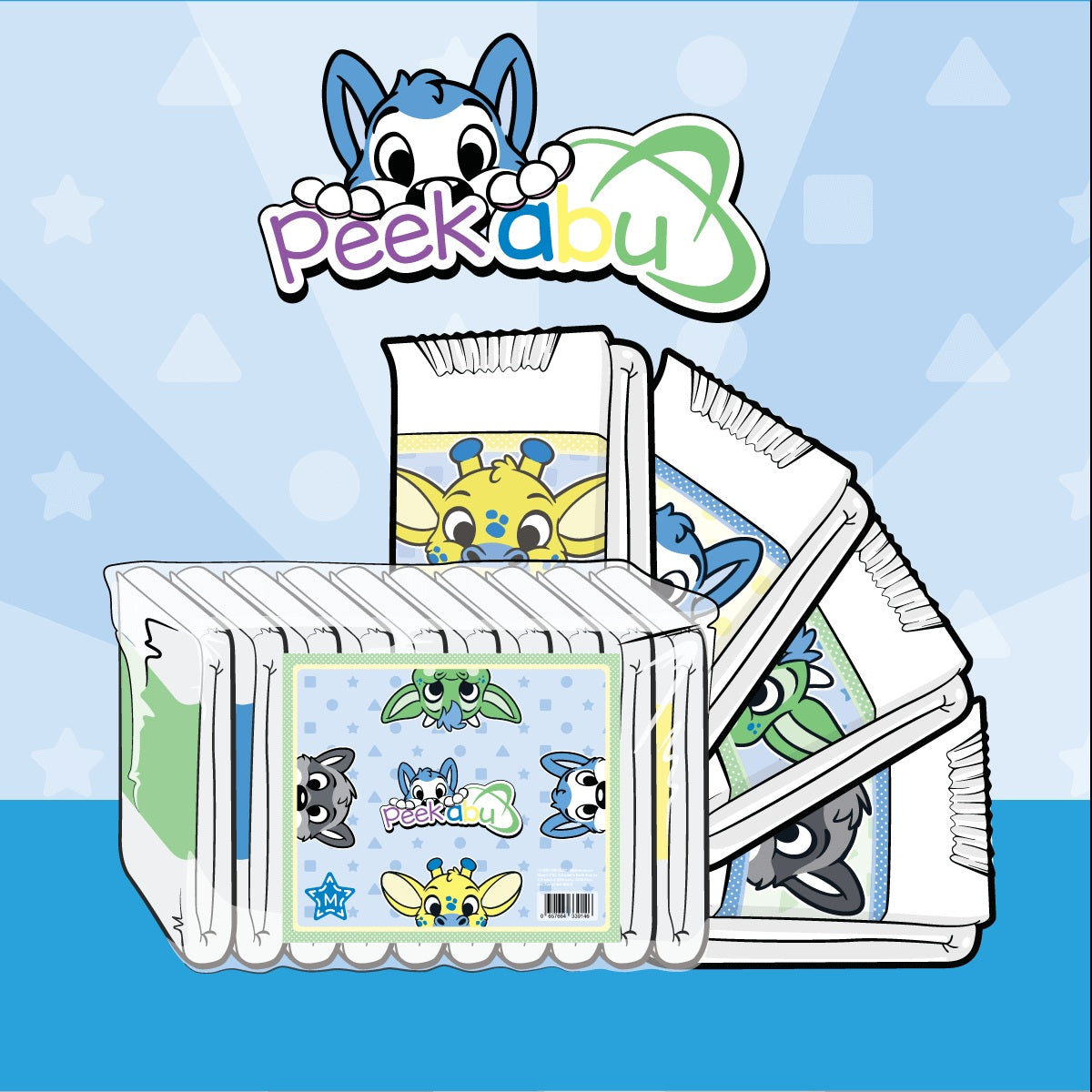 Digital drawing of case of diapers with all four printed diapers folded next to it.