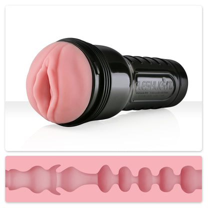 The Vagina Mini Lotus Fleshlight Classic lying on a white surface above an image of a cross section view of the insides.