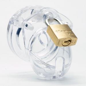 A short, clear penis chastity device with all pieces locked together.
