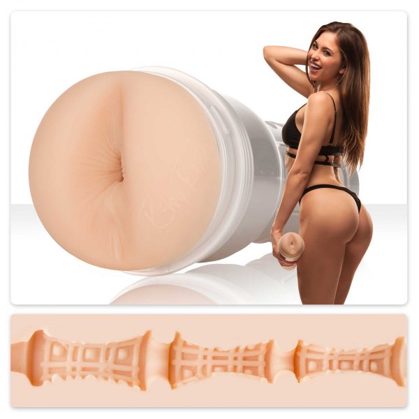 A composite of three photos; Riley Reid holding the Euphoria Fleshlight Girls, a closeup of the opening and a cross section of the inside of the toy.