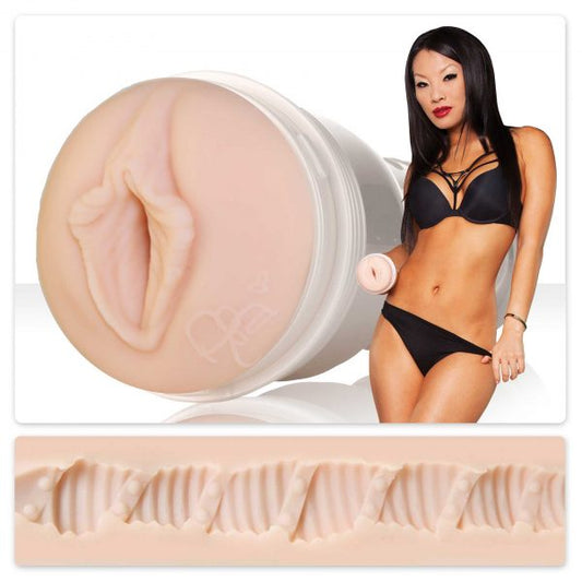 A composite of three photos; Asia Akira holding the Dragon Fleshlight Girls, a closeup of the opening and a cross section of the inside of the toy.