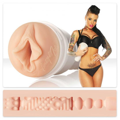 A composite of three photos; Christy Mack holding the Attack Fleshlight Girls, a closeup of the opening and a cross section of the inside of the toy.
