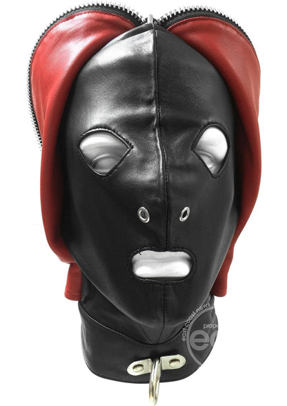 The front of the Rouge Leather Fly Trap Mask with zipper opened.