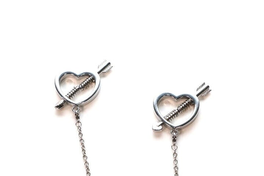A close up of the Heart Nipple Clamps with Chain.