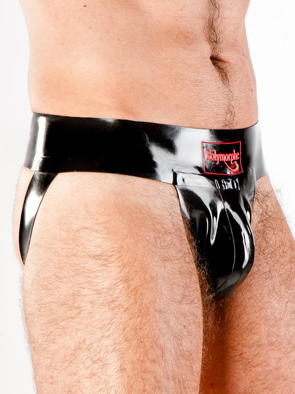 The black Latex Sport Jock on a model, right side view.