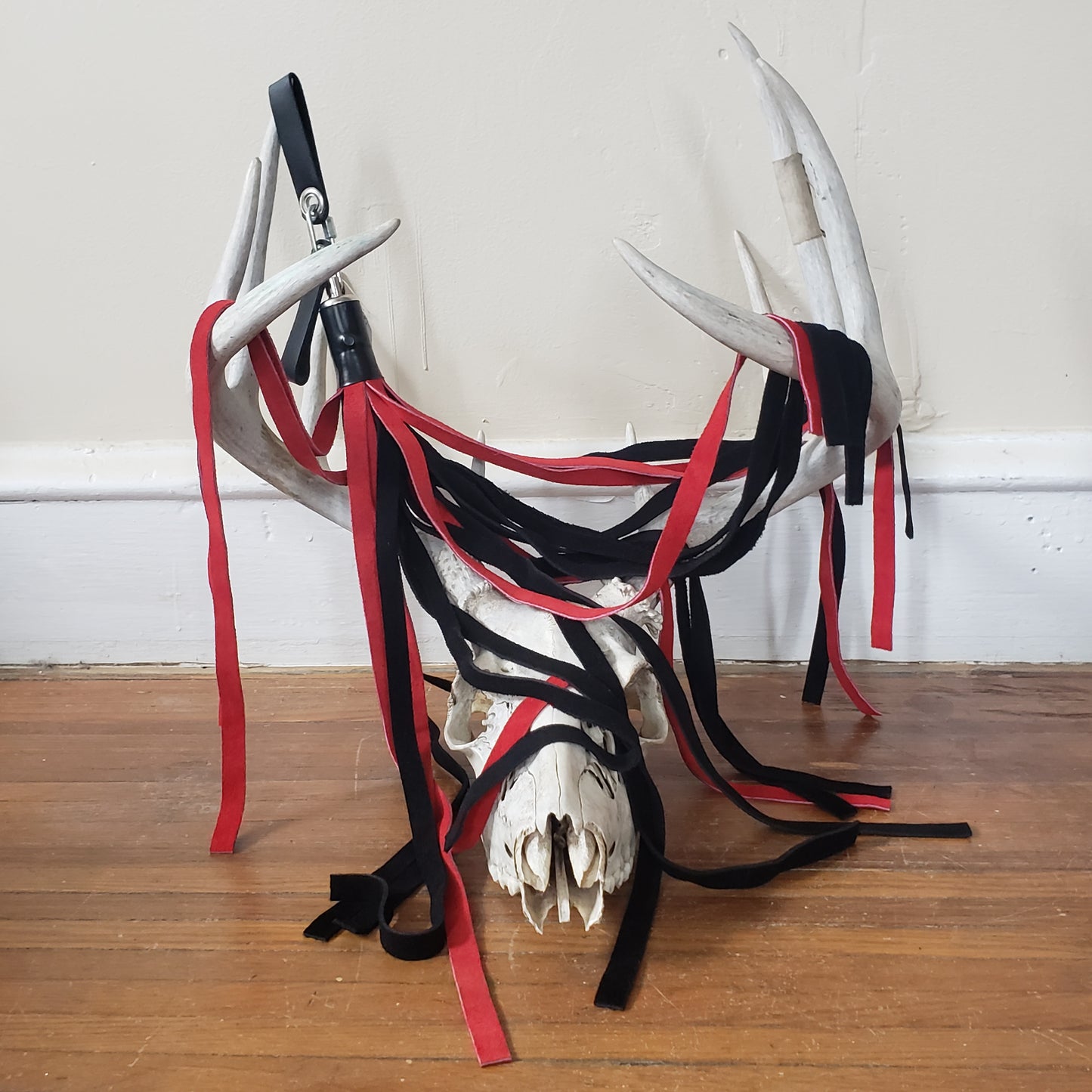 The red and black suede finger loop flogger displayed on the antlers of a deer skull.  