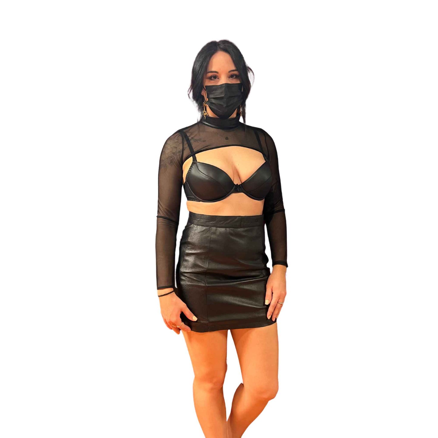 model wearing Mesh shrug with wetlook collar over wetlook bra