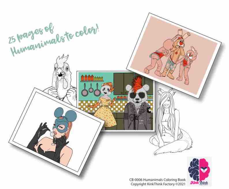 A collage of 5 different drawings from Humanimals: A Romp Through Pet Play Coloring Book. Tex above the photos says: 25 pages of humanimals to color!