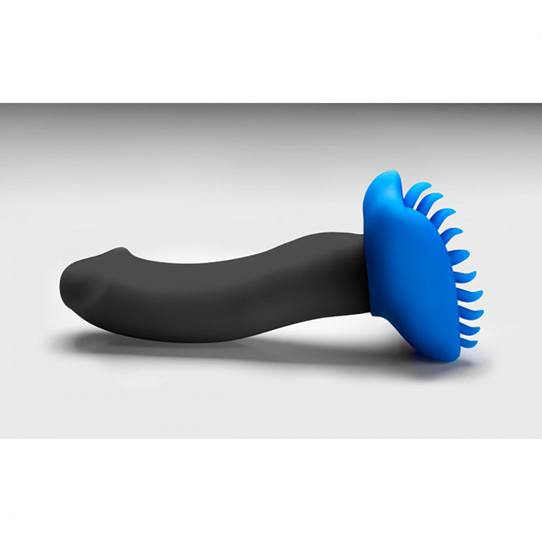 The side view of the blue Shagger BumpHer Silicone Dildo Attachment with black dildo.